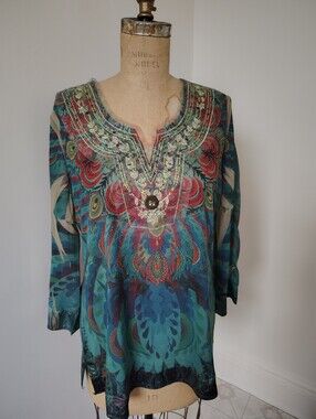 Source Unknown Teal Blue Multi Beaded V-Neck Tunic